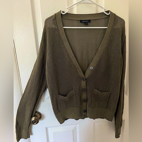 Olive Green Deep V-Neck 5 Button Cardigan w/ Small Front Pockets - Picture 1 of 7